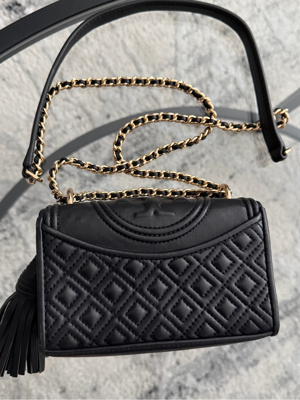 Tory Burch Black Quilted Mini Chain Crossbody with Tassel